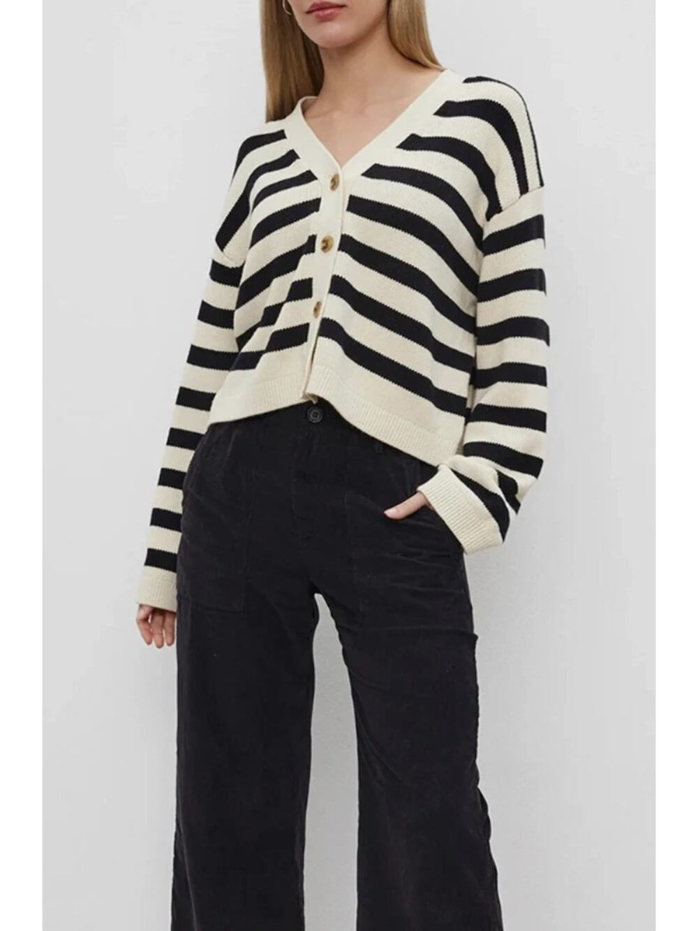 VELVET GRAHAM SPENCER WMNS LARGE ELODIE STRIPE CARDIGAN SWEATER BLACK CREAM NEW